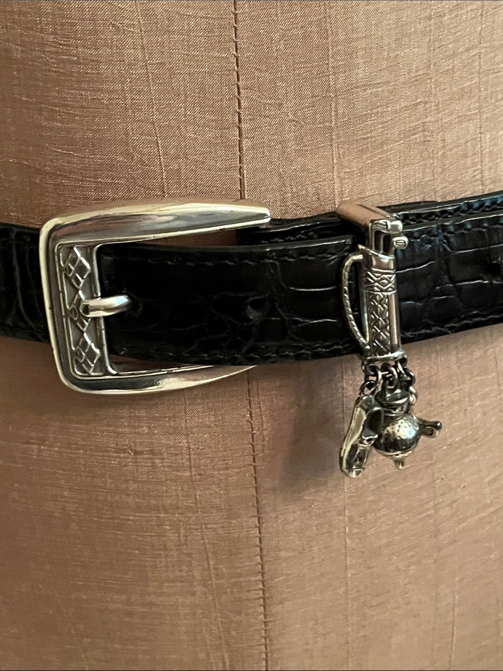 BRIGHTON Golf Charm Theme Black Croc-Embossed Leather Belt Silver Charms M/L 32